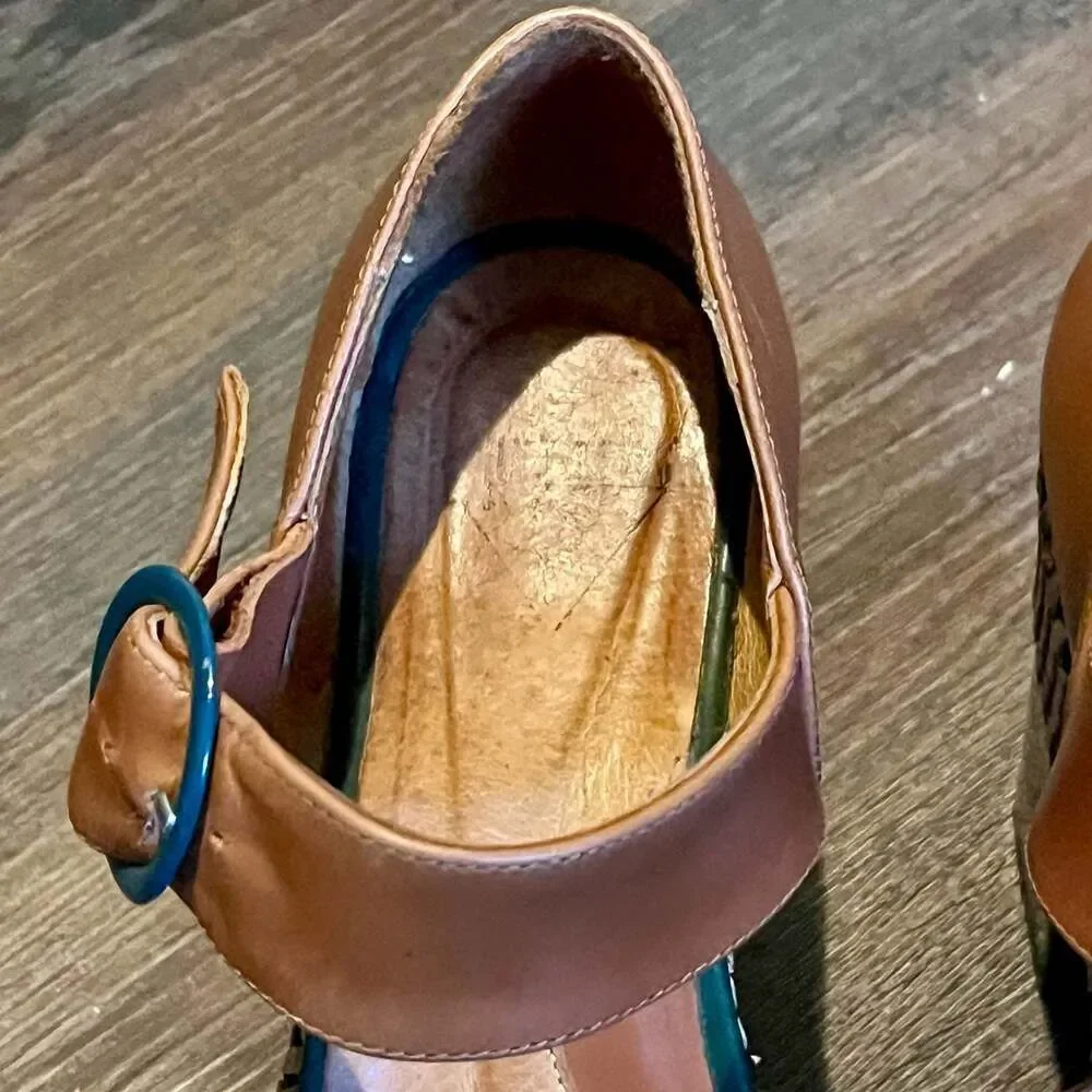 John Fluevog Ana Rita Leather Platform Mary Jane Heels Size 7 Brown Tan